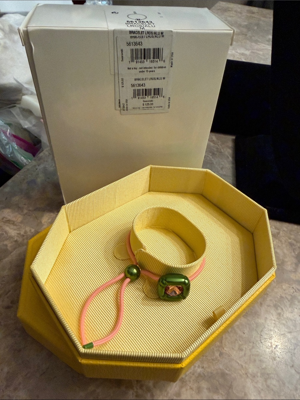 NWT Swarovski, aluminum fabric, pull bracelet, green and hot pink size medium